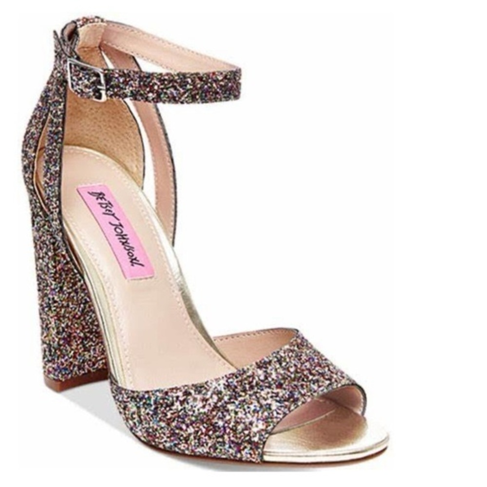 BETSEY JOHNSON Glissten - Glitter Chunky Block Heel Peep Toe Pump Heels - 7.5